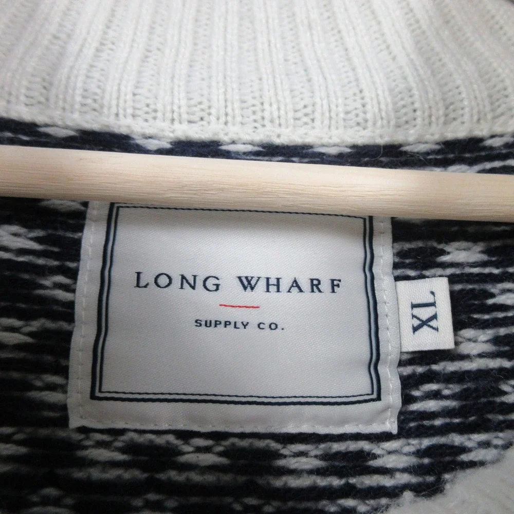 Long Wharf Supply Co Mens XL 1/4 Zip Sweater Fair Isle White Navy Nautical - Picture 2 of 15